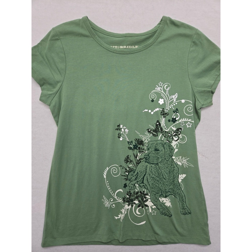 Bit & Bridle Womens Large Olive Green Dog Graphic Short Sleeve‎ T Shirt Top